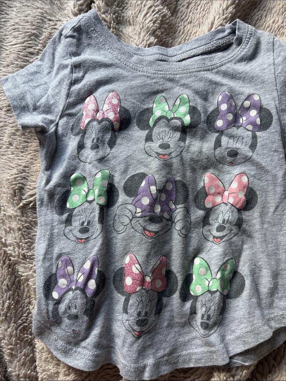 Disney Grey Minnie Mouse Tee with Pink, Green & Purple Bows